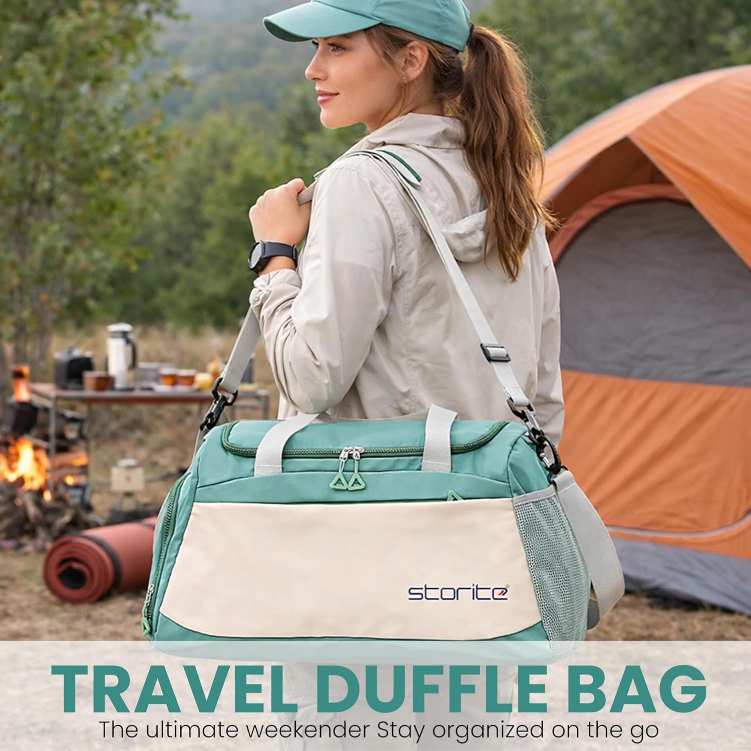 Storite Nylon 51 cms Imported Travel Duffle Bag Muti- Pocket Sports Shoulder Bag for Women with Wet Pocket & Shoe Compartment Weekender Overnight Travel Luggage Bag (Green/White - 51x22x26 cm),, Green