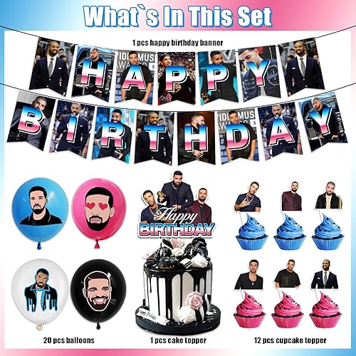 Miniatura 2 de Drake - Decoración de fiesta de cumpleaños de gran cantante, suministros de fiesta temática musical con pancarta, adornos para pasteles y globos de