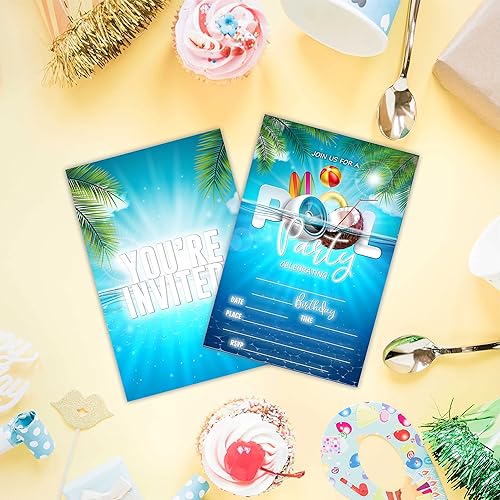Miniatura 3 de AWSICE Invitaciones de cumpleaños de fiesta de natación de verano, tarjetas de invitación rellenas de doble cara para fiesta de cumpleaños, 20