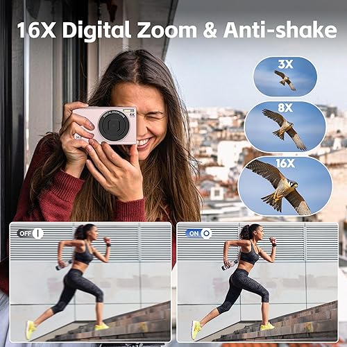Miniatura 4 de Cámara digital, 56 MP FHD 1080P con zoom digital de 16X y antivibración, pantalla de 2.8 pulgadas, cámara compacta de punto y disparo para niños,