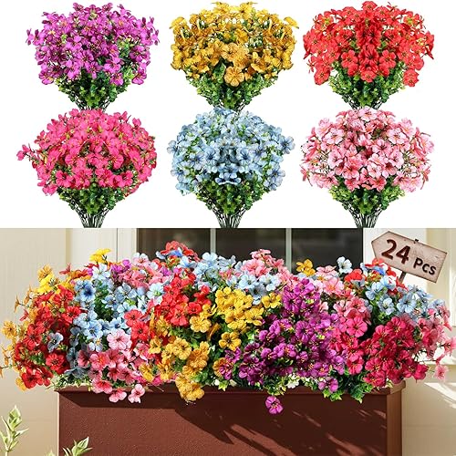 ultrosoke 24 Bundles Realistic Artificial Flowers for Outdoors, Fake Flowers UV Resistant, Faux Plants Greenery Beautify Outdoor Hanging Planters Porch Patio Yard Garden Wedding Farmhouse Home Decor