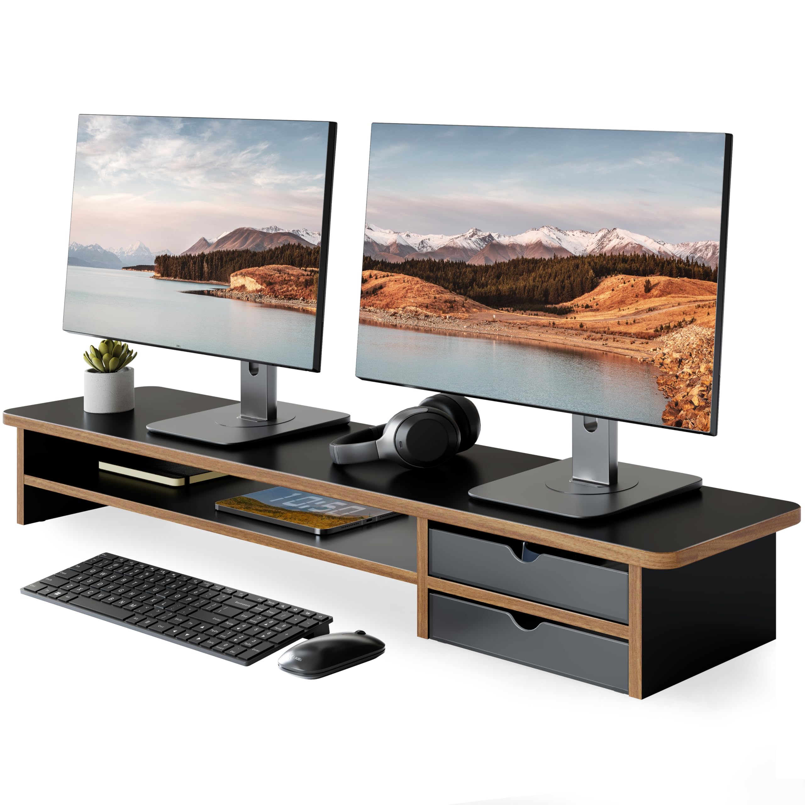 Fenge Dual Monitorständer Riser mit 2 Acryl Schubladen 108cm Große Computer Bildschirmständer für PC/Laptop/Fax/Drucker/TV Bildschirm (Schwarz)