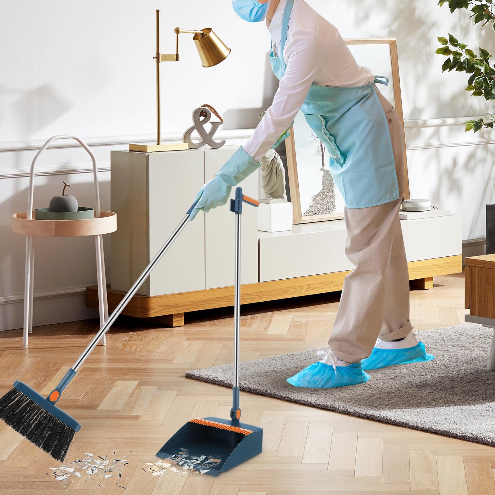 Klappbares Besen und Kehrschaufel Set mit Drehbarem Besen Platzsparend und Robust Effektive Reinigung für Haushalt Küche und Schwer Zugängliche Ecken Langlebiges Set in Blau