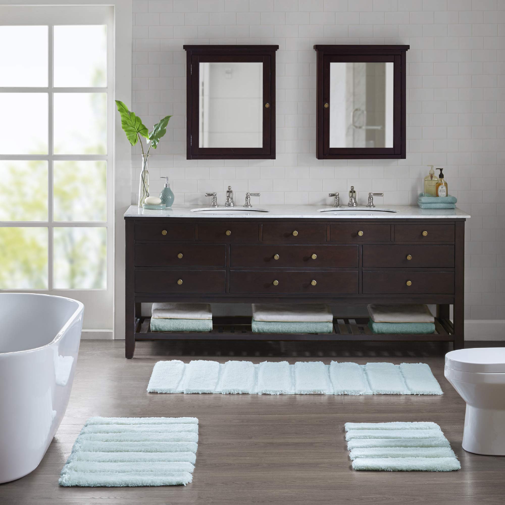 madison park tufted pearl channel absorbant quick dry - washable bath mat , casual solid shower bathroom rug, 17x24, seafoam