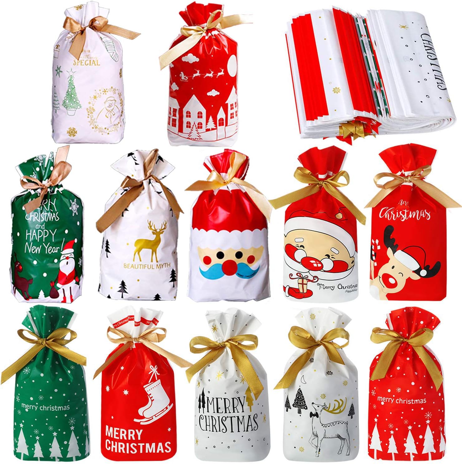 60 Pcs Christmas Candy Bag 12 Style Plastic Drawstring Gift
