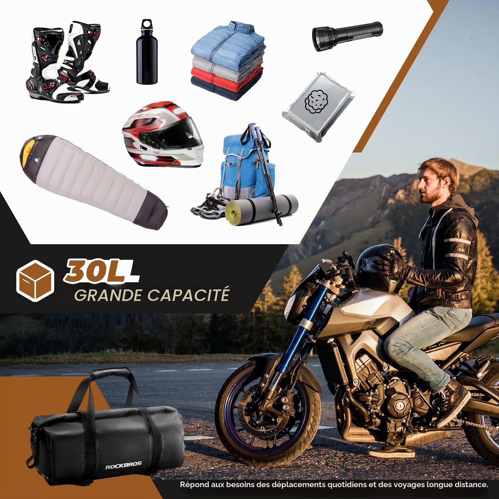 ROCKBROS Sacoche de Selle Moto 30L, Sacoche Moto Étanche avec Bandoulière, Sacoche de Porte-Bagages Réfléchissant, Sacoche Arrière de Moto pour Voyage