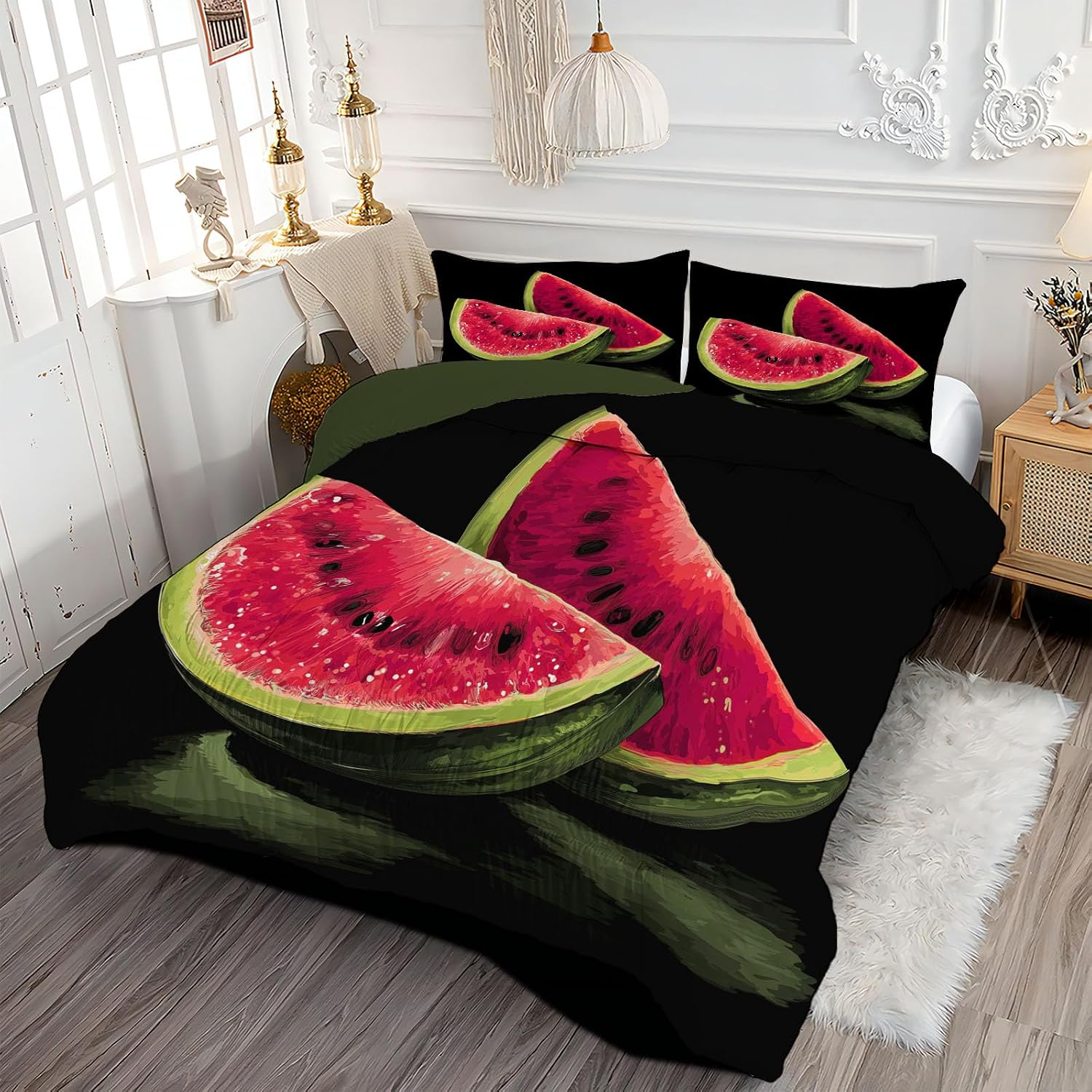 Cartoon Fruit Comforter Set Twin Size, Ink Painting Watermelon Bedding Set for Teens Adults Room, Black Soft 68" x 86" Quilt with 1 Pillow Cases, Lightweight Black Quilt for All Season