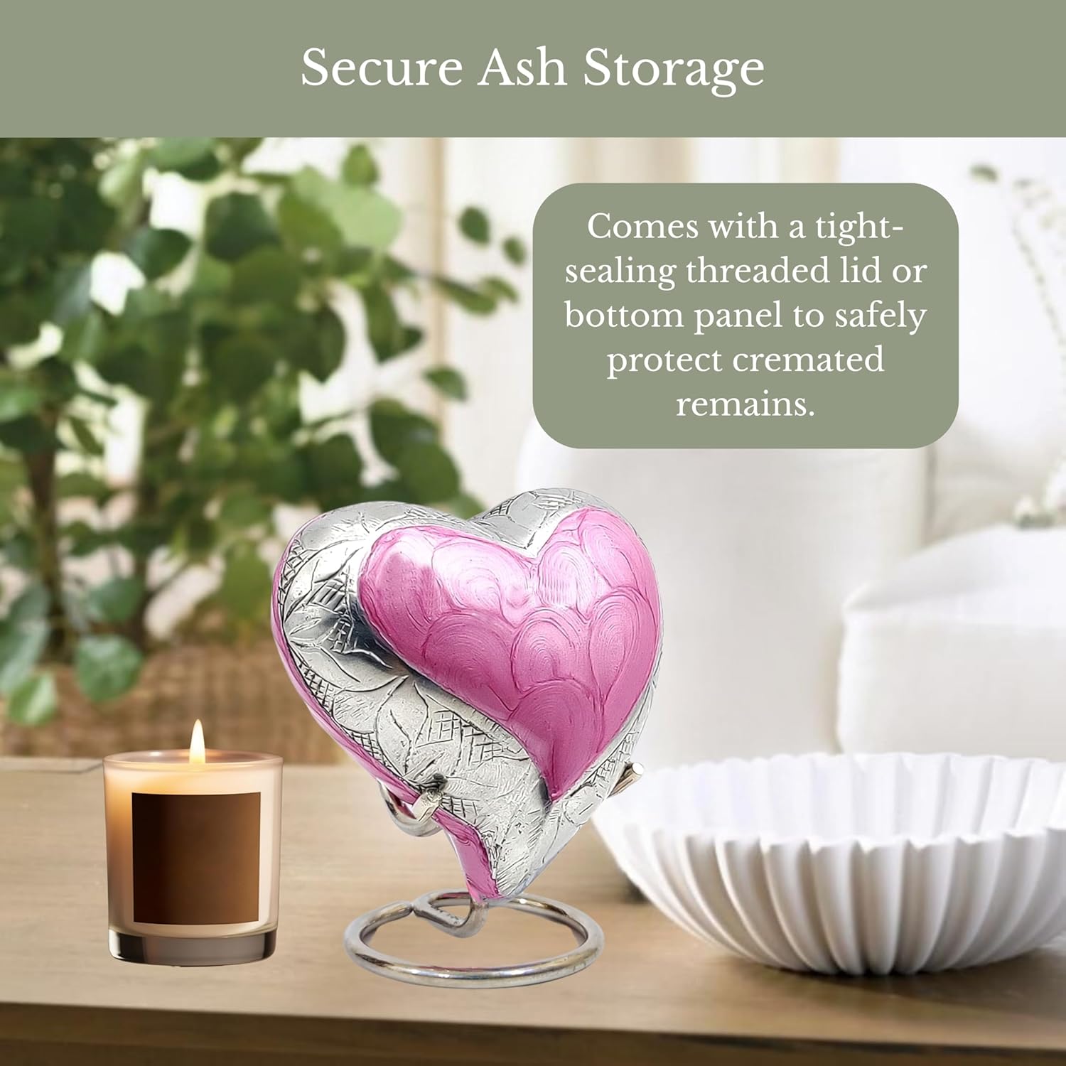 NORSE'S TRADECRAFT Heart Mini Urn for Ashes Adult Male, Female | Memorial Gifts with Velvet Box & Stand l Handcrafted Cremation Urns for Human Ashes, Pets | Pink Heart with Floral Border - 3 cu in - Image 5