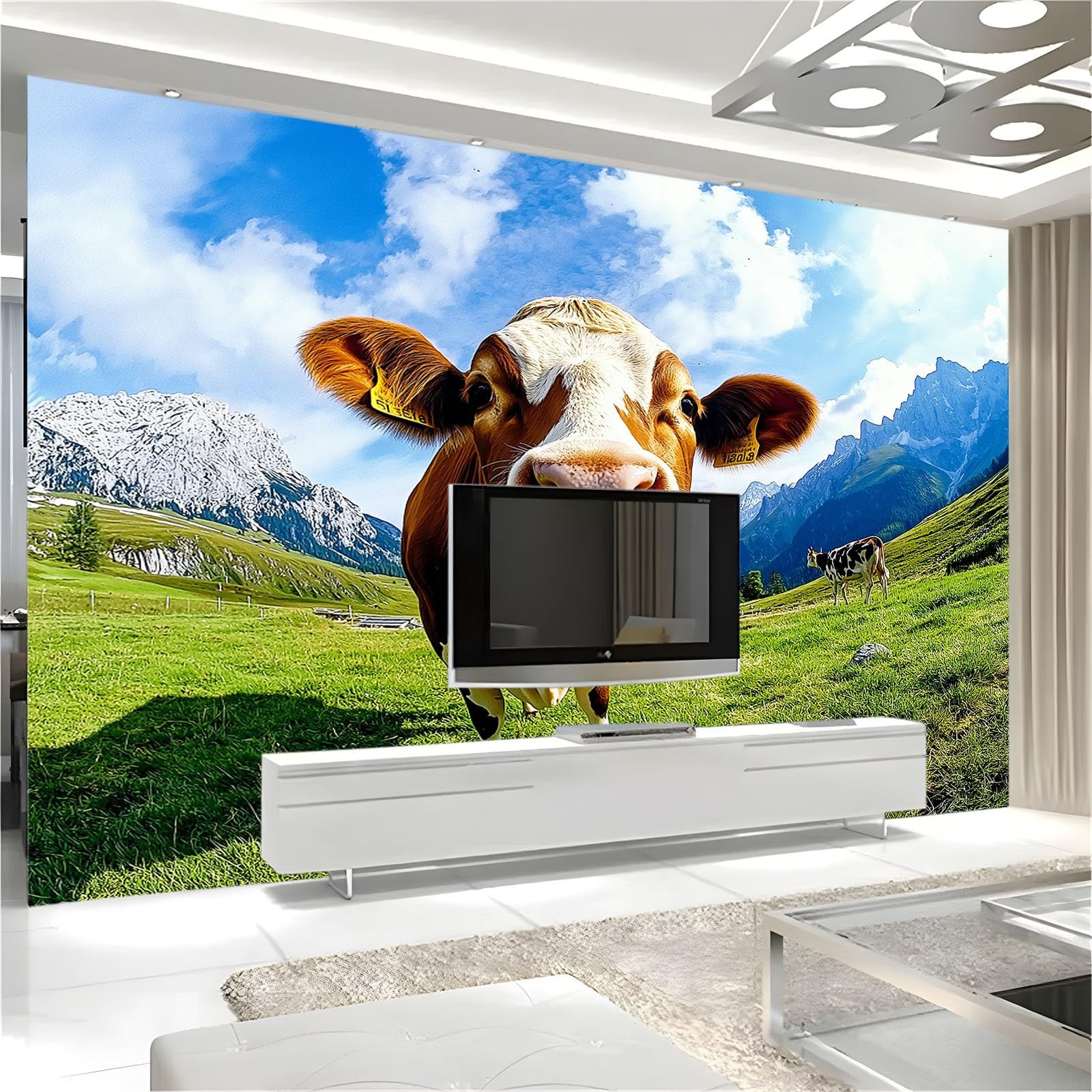 Fototapete 3D Effekt Tierfotografie Berge Wiesen Kühe Tapete Fototapeten Vlies Tapeten 250 x 175 cm Vliestapete Wandtapete Moderne Wand Schlafzimmer Wohnzimmer Tapete