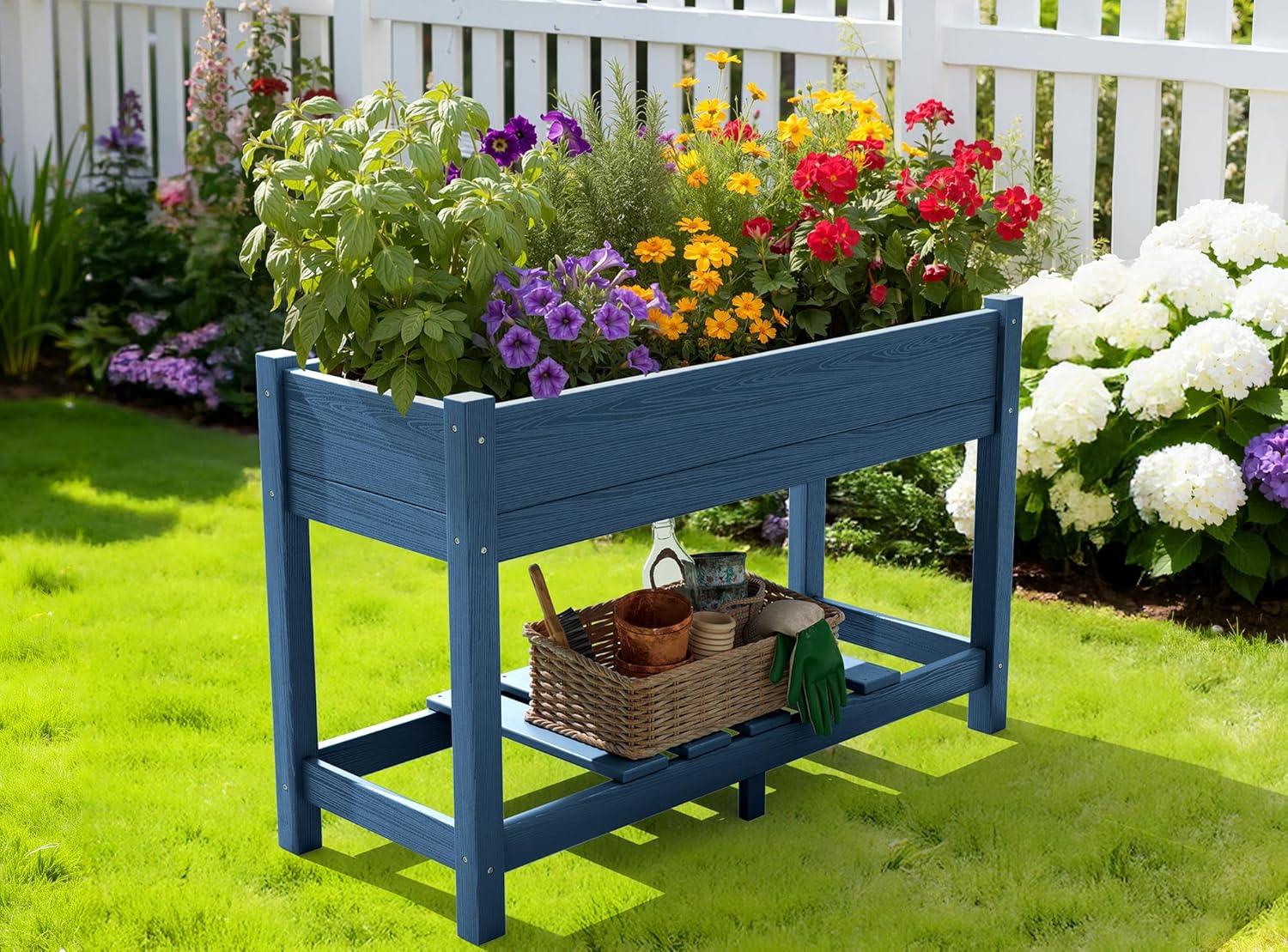 SERWALL Raised Garden Bed with Legs, 43"×17"×30" Large HDPE Elevated Planter Box for Vegetables Flower Herb Patio, All Weather Use- Blue