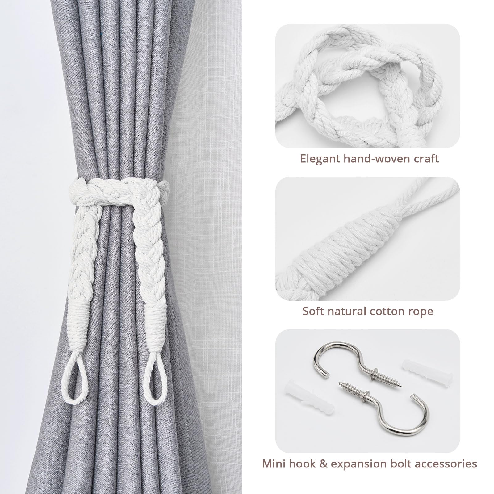 Lot De 4 Embrasses De Rideaux En Corde De Coton Bohème Pretty Jolly - Style Rustique Avec Crochet Métal