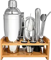 Kit Coqueteleira Bar Profissional Para Drinks Bebidas 750ml Inox 304 Com 15 Peças Drinks Barman Caipirinha Bar Suporte de Madeira