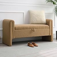 QianYueLUX 52" Modern Storage Ottoman Bench with Armrests - Upholstered Teddy Fabric End-of-Bed Bench for Bedroom, Entryway (Coffee Brown)