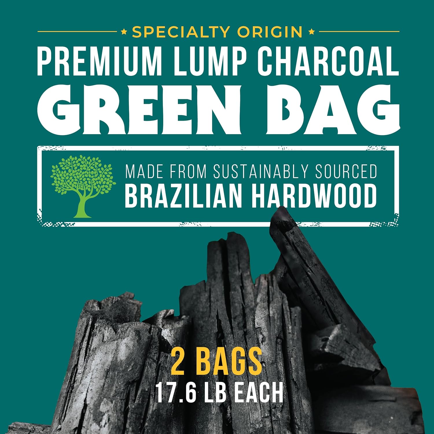 FOGO Brazilian Blend Hardwood Lump Charcoal, Natural, Large Sized Lump Charcoal for Grilling and Smoking, Restaurant Quality, 17.6 Pound Bag, 2-Pack