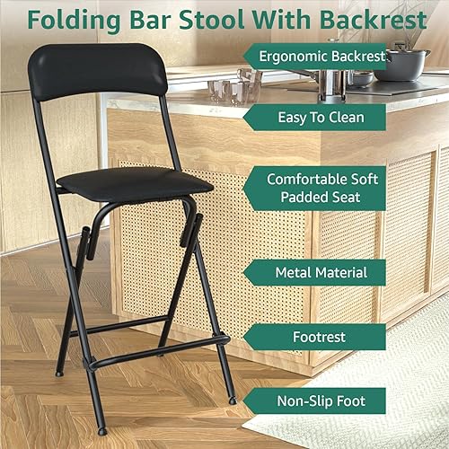 Miniatura 9 de V&LX Taburete de bar plegable con respaldo de cuero, acolchado portátil, plegable, altura de mostrador, taburete plegable para cocina, bar, paquete