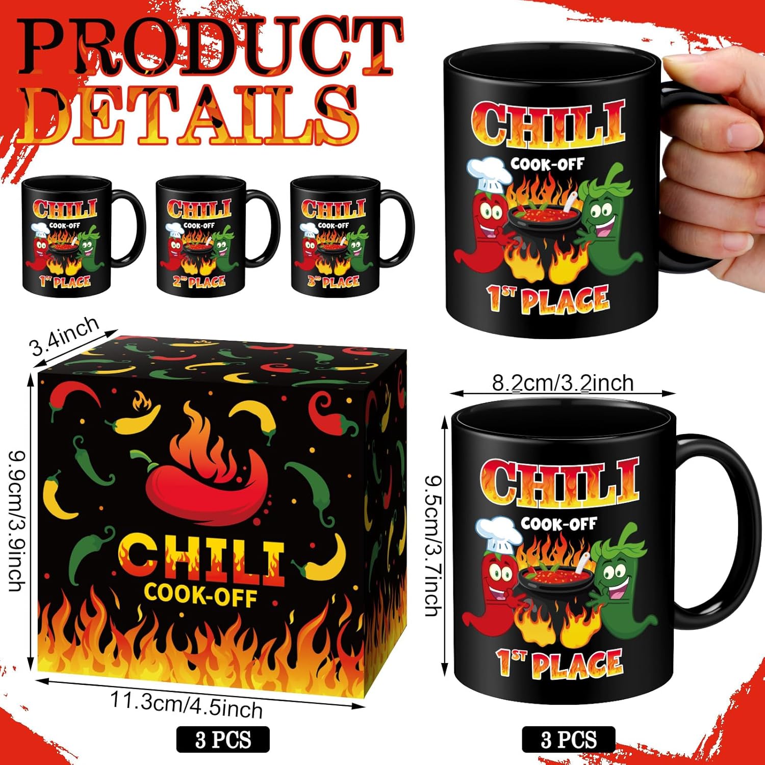 3 Pcs Chili Cook off Trophies Chili Prizes Awards Ceramic Mug Cups 13 oz 1st 2nd 3rd with Boxes for Festival Cooking Events Gift Supplies Party Decorations(Black) - Image 2