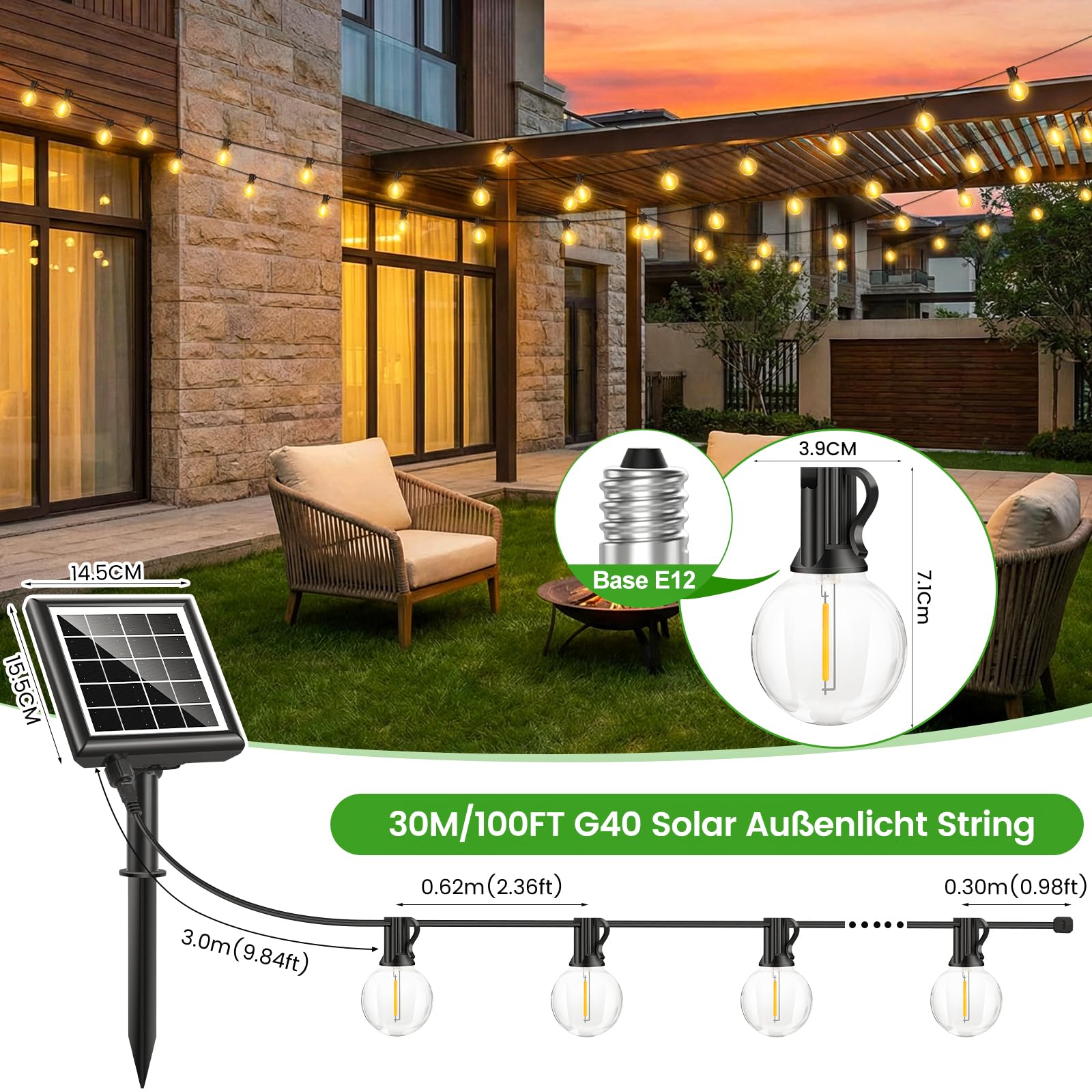 Solares Lichterkette für den Außenbereich, Solar-Lichterkette mit Fernbedienung, dimmbar, für den Außenbereich, Garten, G40, für Balkon, Terrasse, Hochzeit, Party (Solar-30M)