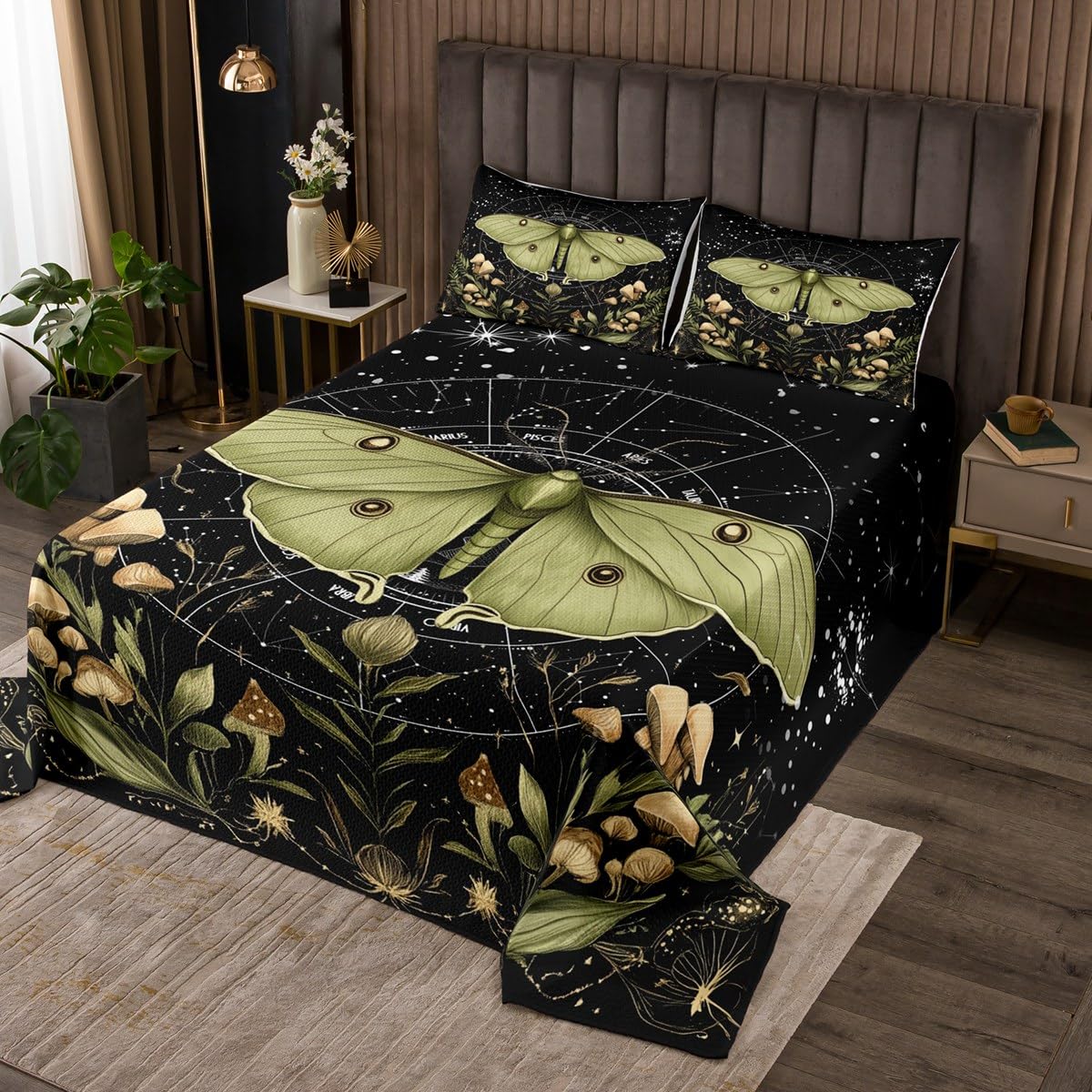 Moth Butterfly Coverlet Set Twin Size Botanical Leaves Mushroom Bedspread Fashion Room Decor Boho Constellation Quilted for Teens Gift Exotic Gothic Bedspread with 1 Pillowcase