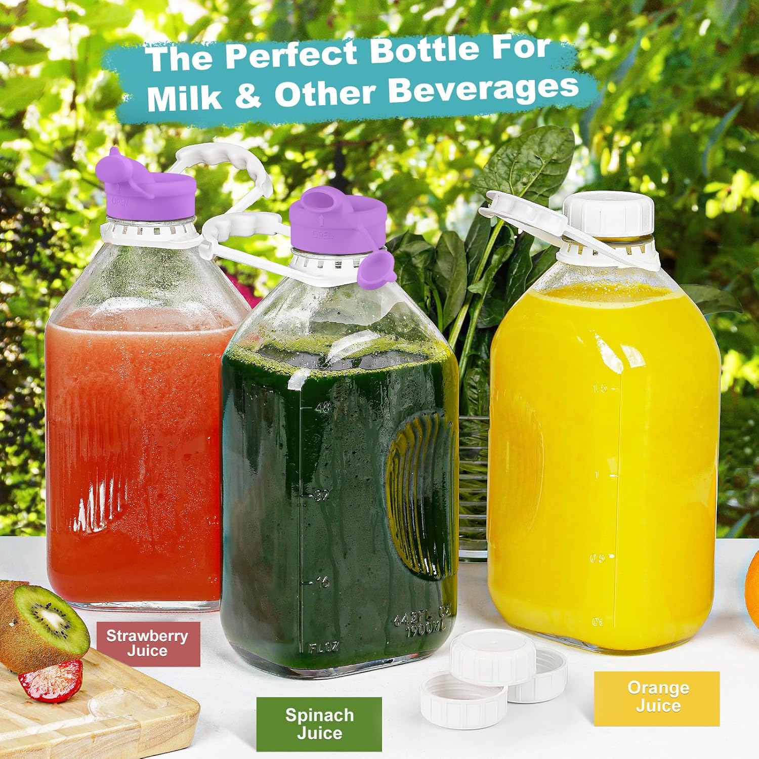 2 Pack 64 Oz Heavy Duty Glass Milk Bottle with 1 Silicone Spout and 3 Reusable Airtight SCREW LID, 2 Qt Glass Water Bottle with 2 Exact Scale Lines - Milk Jug Pitcher - 1/2 Gal Juice Bottles - Image 6