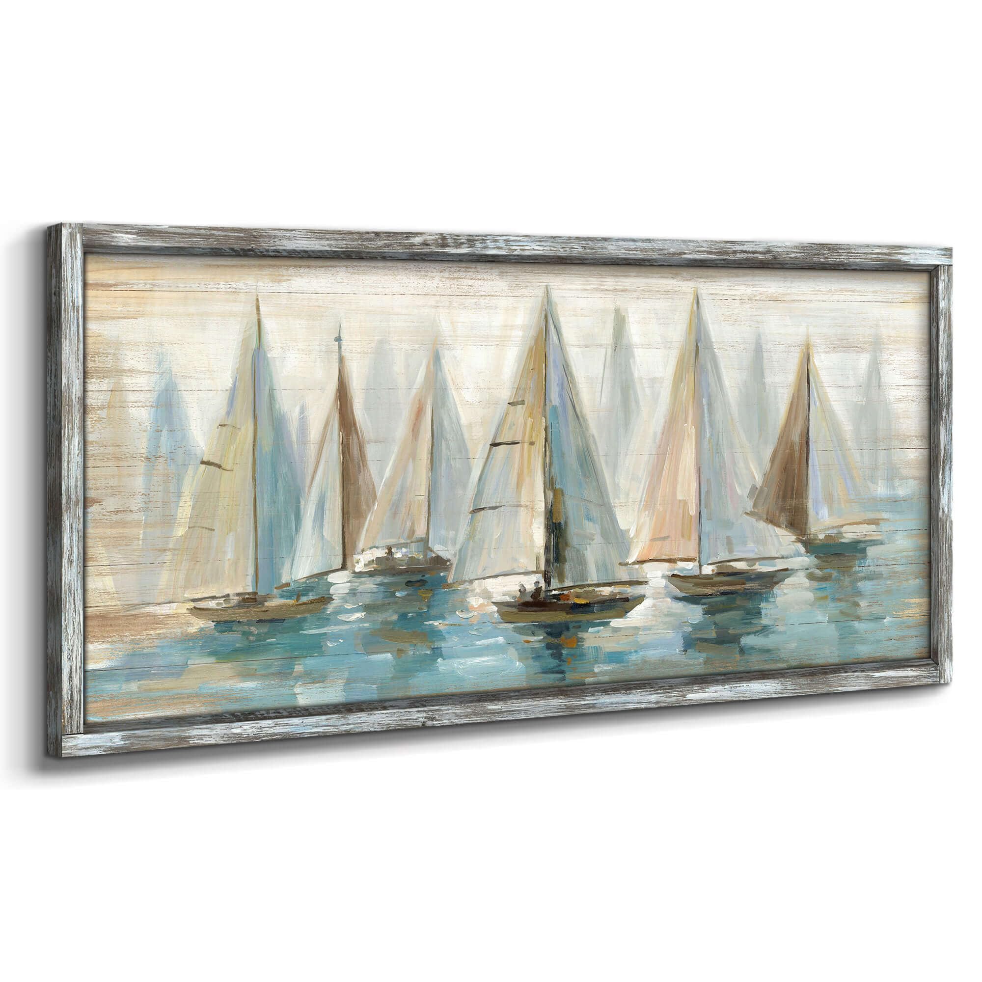 Ocean Pictures Wall Art Framed: Beach Seaside Artwork Coastal Sailboat Art on Wooden Seascape Painting for Living Room(60x30)
