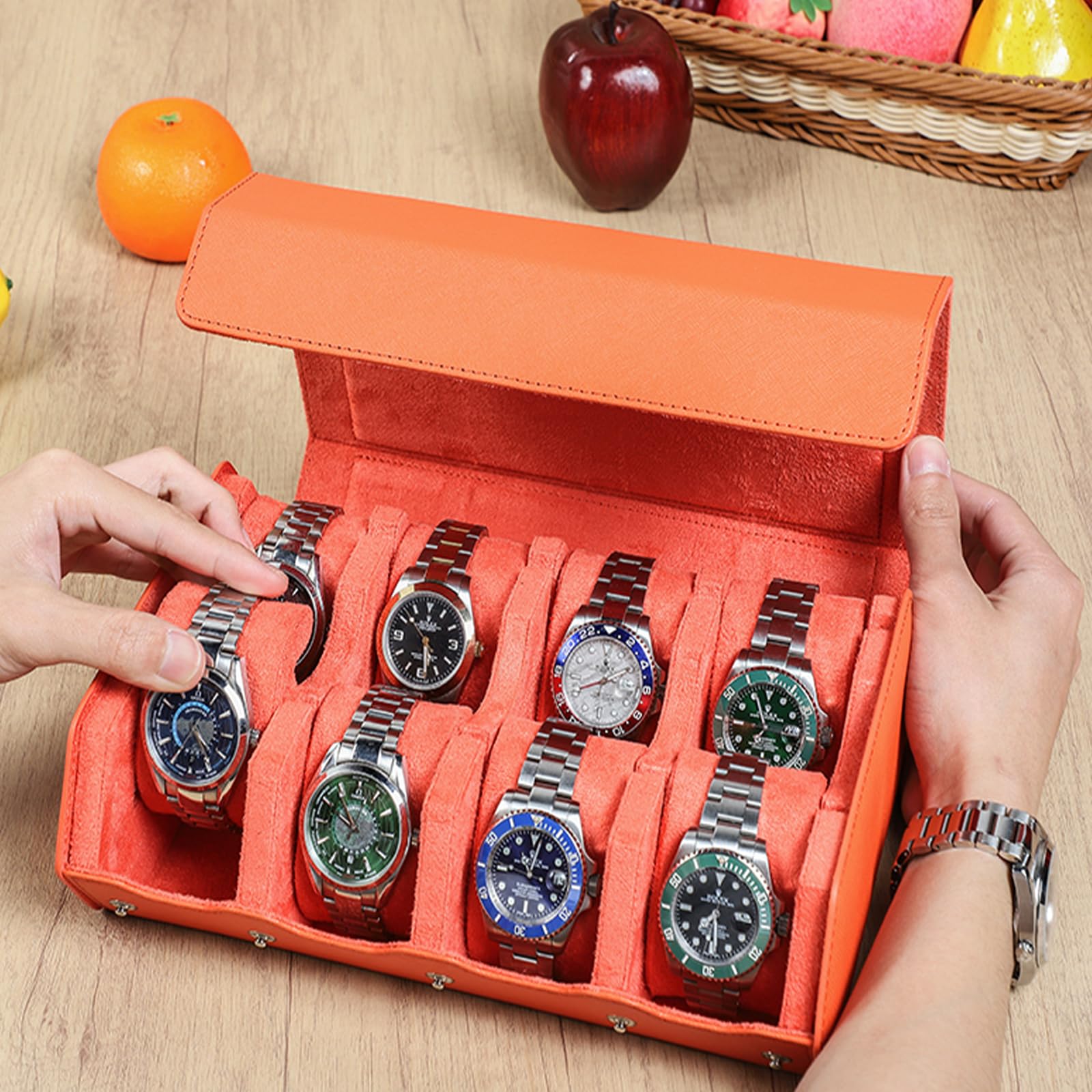 Estuche para relojes Hiram Hexagon de cuero Saffiano auténtico, con capacidad para 8 relojes, estuche protector de cuero con 8 ranuras para relojes, organizador de exhibición de relojes para hombres