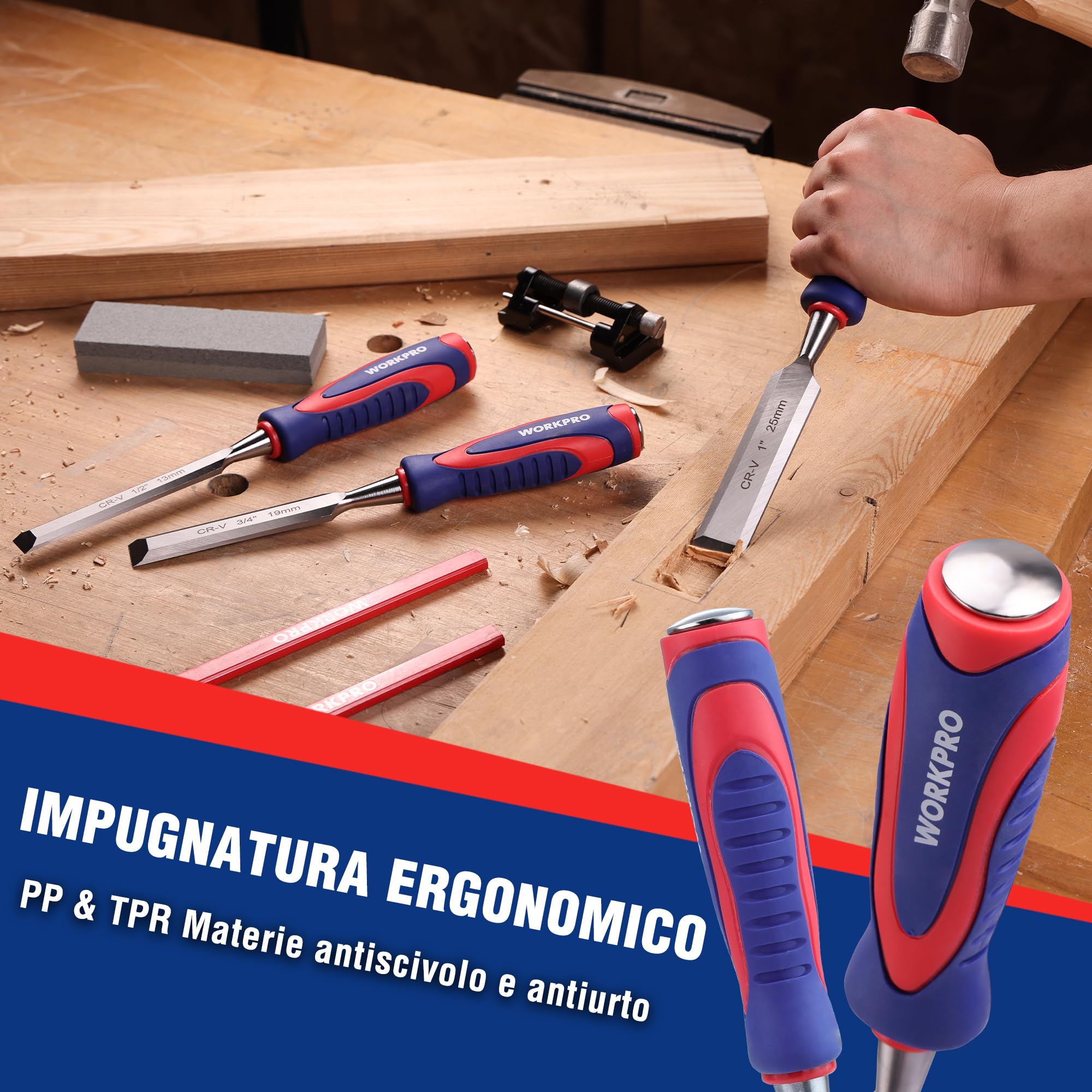 WORKPRO Set Scalpelli per Legno Professionale da 10 Pezzi, con Custodia, 6 Scalpelli (6/13/19/25/32/38 mm) in Acciaio Cr-V, Pietra per Affilare, 2 Matite, Sgorbie per Lavori in Legno