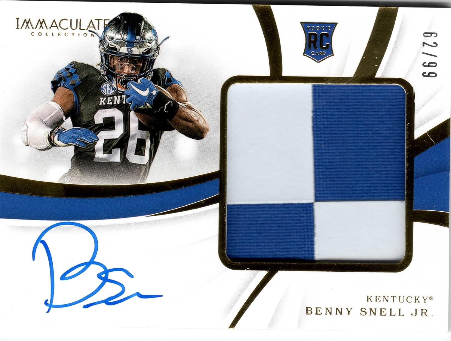 Benny Snell Jr. Serial Numbered # 62/99 Autographed Immaculate Signature Patches Card RPA Auto Collectible Football Card - 2019 Immaculate Collection Football Card #121 (Steelers)