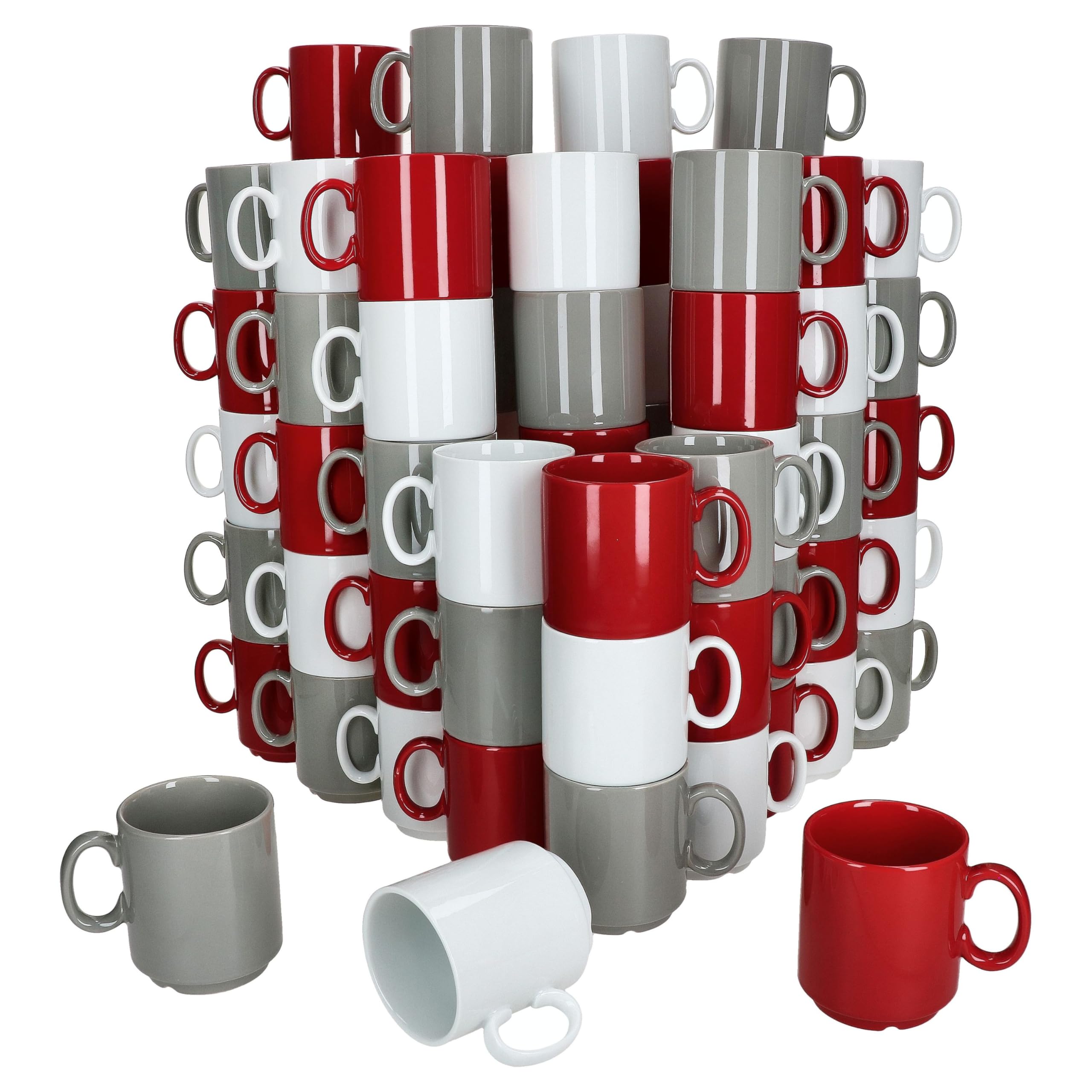 MamboCat Event Trio 72er Set Kaffeebecher I 250 ml I graue, rote & weiße Porzellan-Becher mit Henkel I 72 Personen I stapelbare Tassen für Tee, Kakao, Latte Macchiato & Co I Kaffee-Geschirr