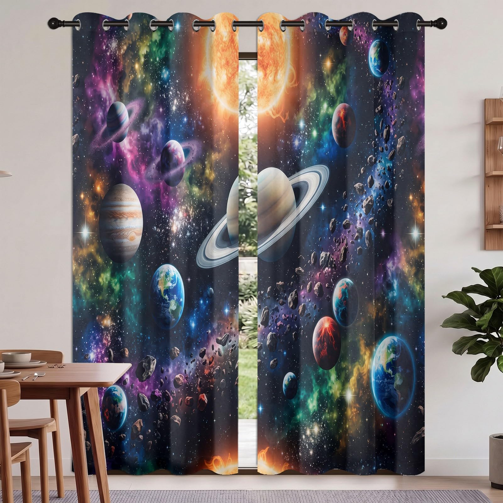 Rideaux Occultant Espace Fantaisie, Rideaux Occultant Planètes Du Système Solaire & Nébuleuse Rideau Thermiques Isolant Anti Froid et Chaleur Rideau à Oeillets pour Salle De Jeu, 2 PCS, 140L X 260H cm