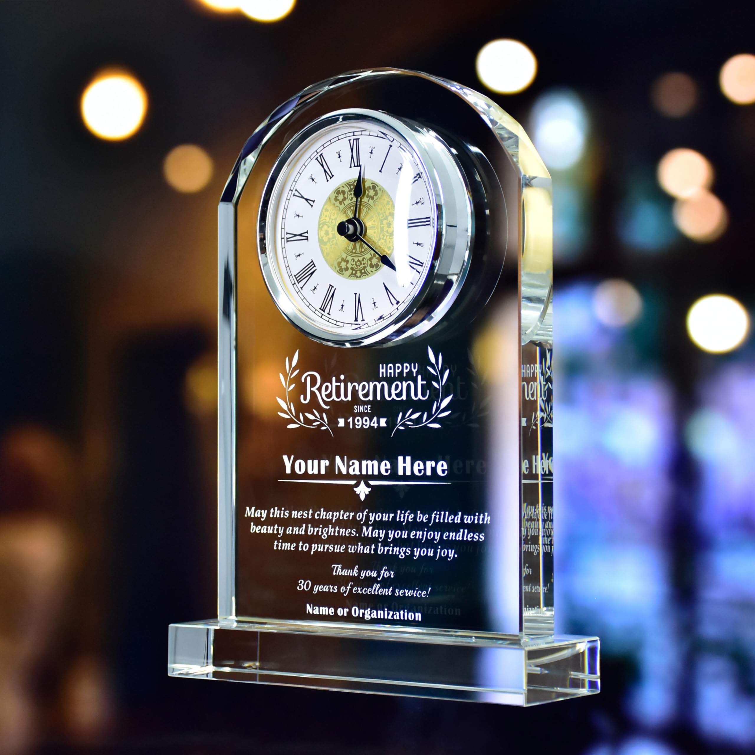 Personalized 8.3“ Quartz Clock Keepsake, Top-grade K9 Crystal Clear Glass Plaque with Personalized Names, Dates and Messages for Retirement,