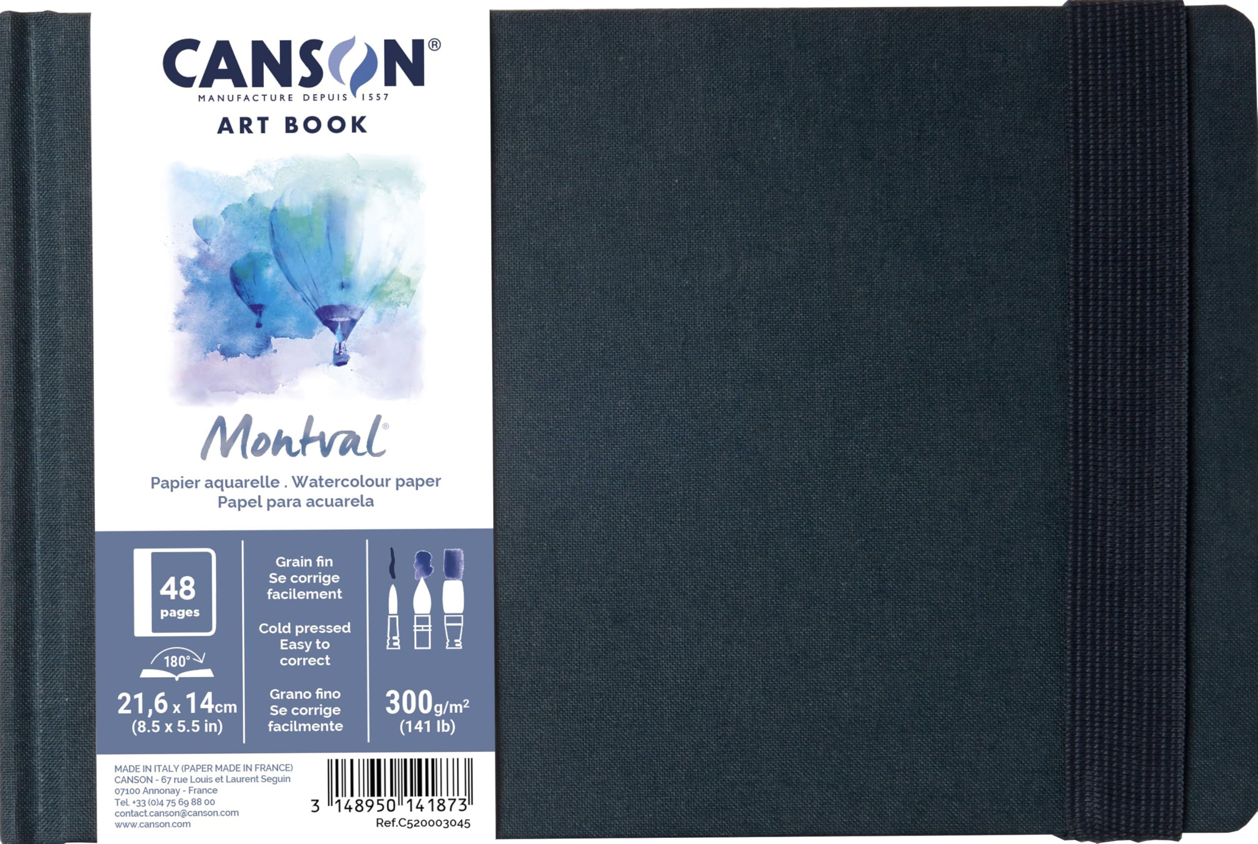 Canson Professional Book, Watercolor Paper, Fine Grain, 300gsm, Stitched Notebook, Hardcover, 8.5 x 5.5 Inches, White, 24 Sheets