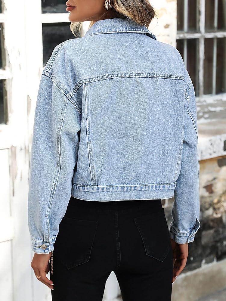 Floern Ripped Crop Denim Jacket Floerns Women's Fringe Trim Long