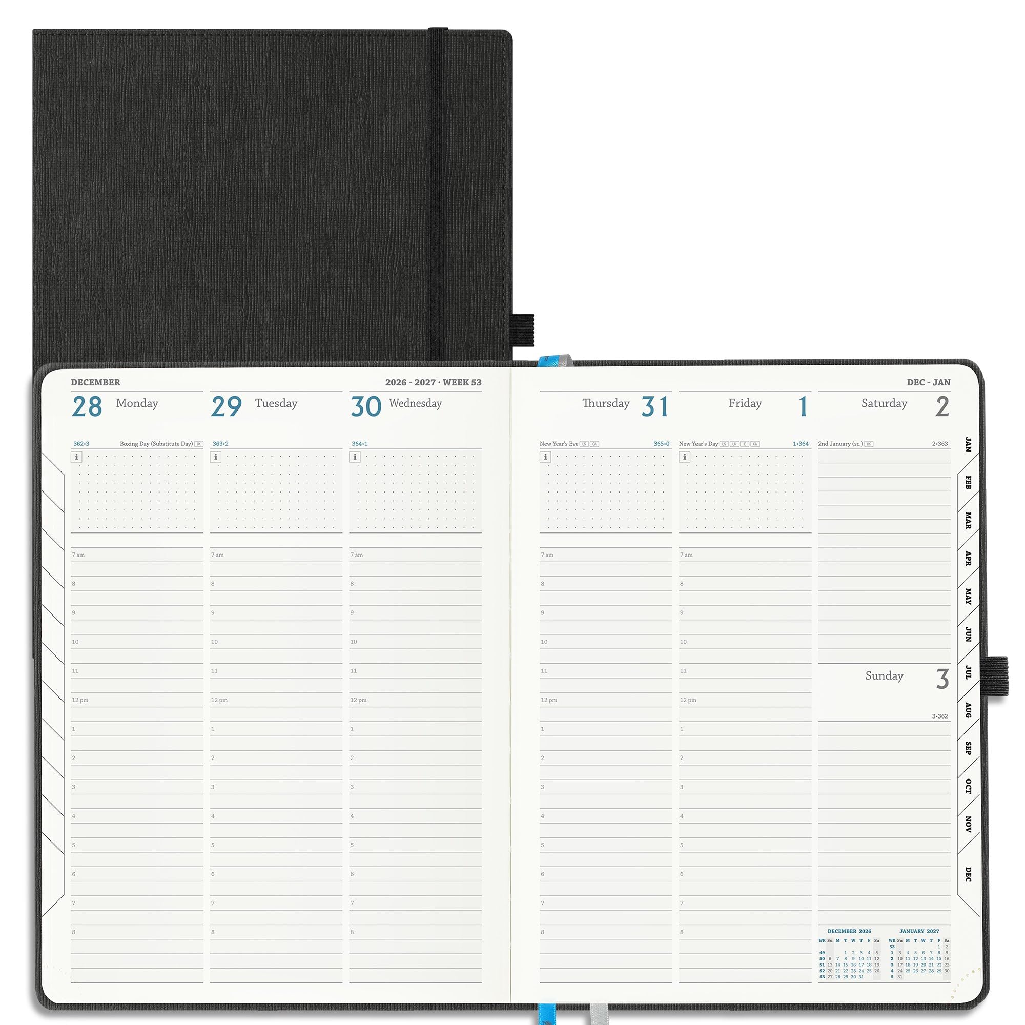 IN-LUXPRO Academic Diary 2026-2027 Week to View A4 Large(29x21.5 cm) 18 Months (Jul'26 - Dec'27) Mid Year Diary 26/27 Vertical Weekly Planner with Timeslots& Month Tabs, PU Leather Black