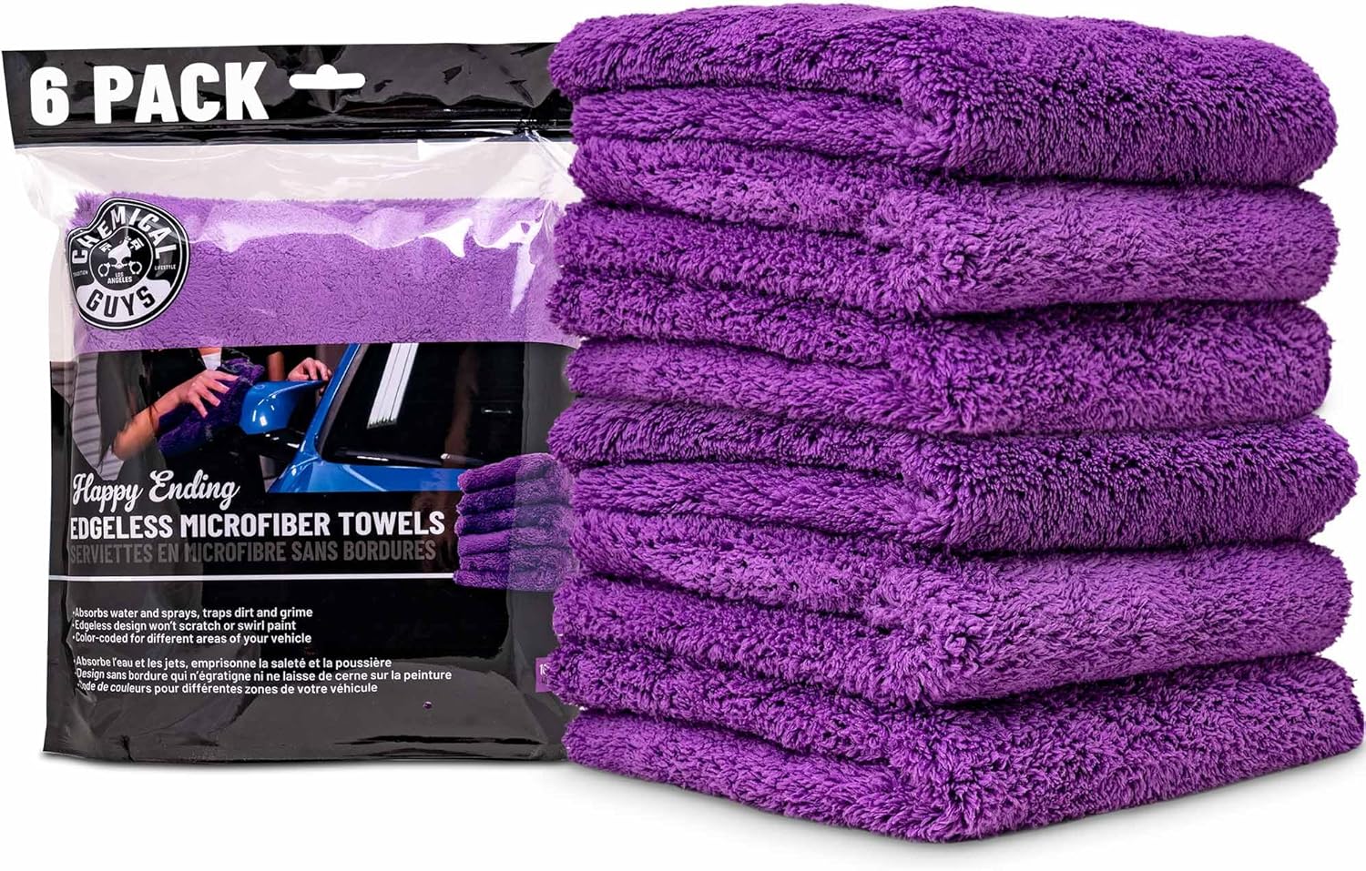 Chemical Guys Happy Ending Ultra Plush Edgeless Microfiber Towel Purple 6 Pack - Scratch-Free Detailing Cloth for Drying, Buffing, and Polishing All Surfaces (MIC34806)