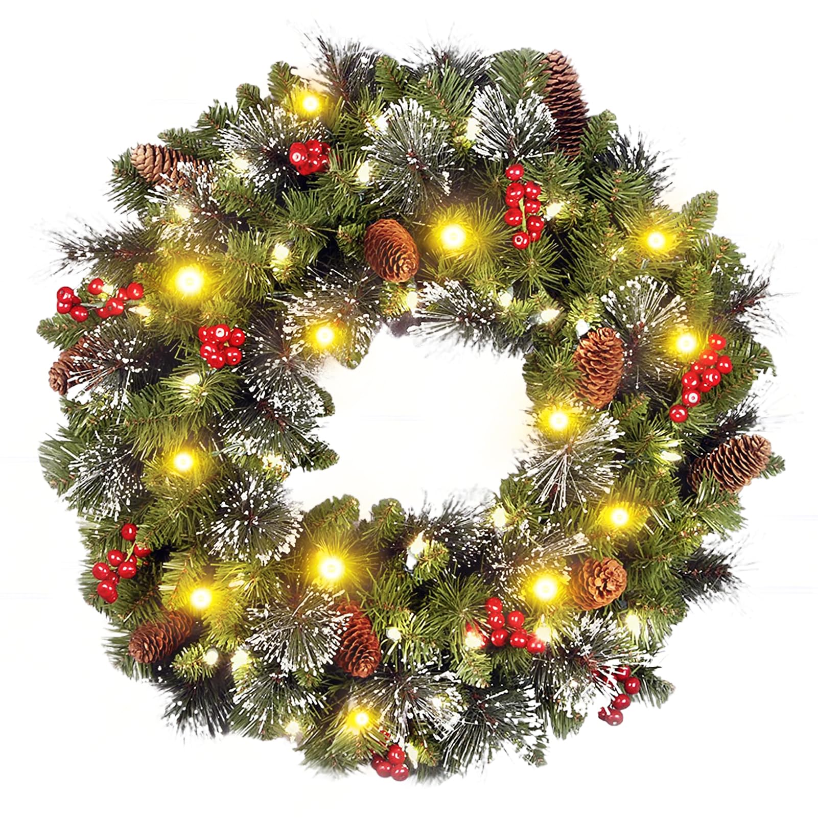 Sudifor 24'' Pre-Lit Artificial Christmas Wreath with Lights, Front Door Wreath Decorated with Large Red Bow and Colored Balls, X-max Decorations with Little Bell for Window Indoor Outdoor