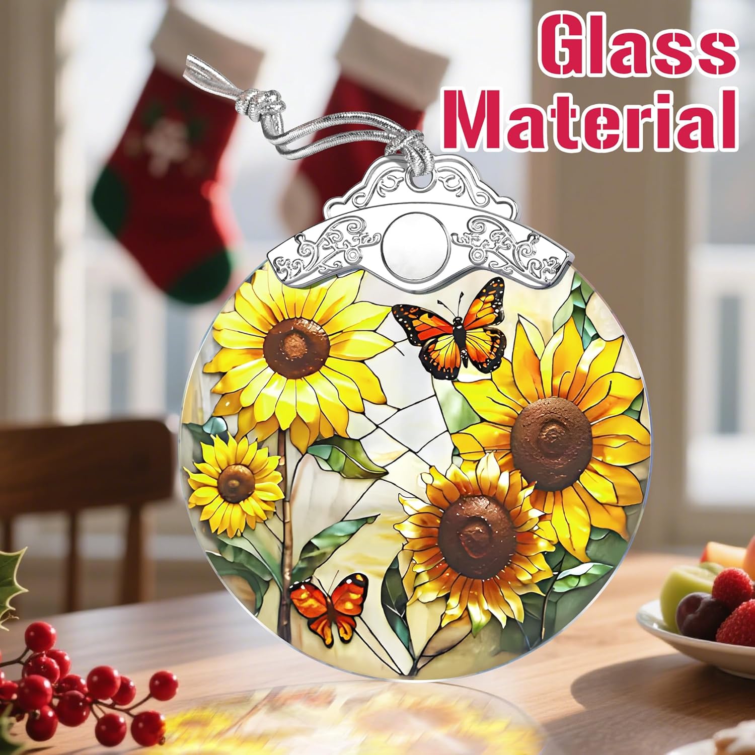 Stained Glass Ornament, Christmas Ornament, Hanging Ornaments for Home Decor & Christmas Tree Ornaments – Exquisite Holiday Decor, Xmas Gifts & Holiday Present - Sunflower & Butterfly - Image 4