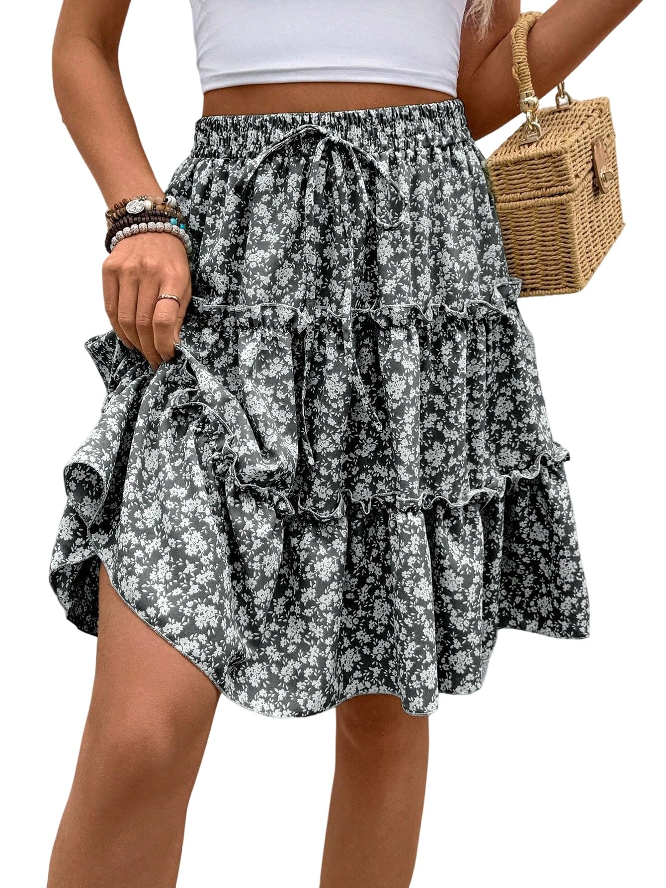 GORGLITTER Gonna da donna con motivo floreale, gonna midi estiva, linea ad A, per il tempo libero, lunghezza al ginocchio, gonna lunga estiva con nodi, stile boho, casual, gonna da spiaggia