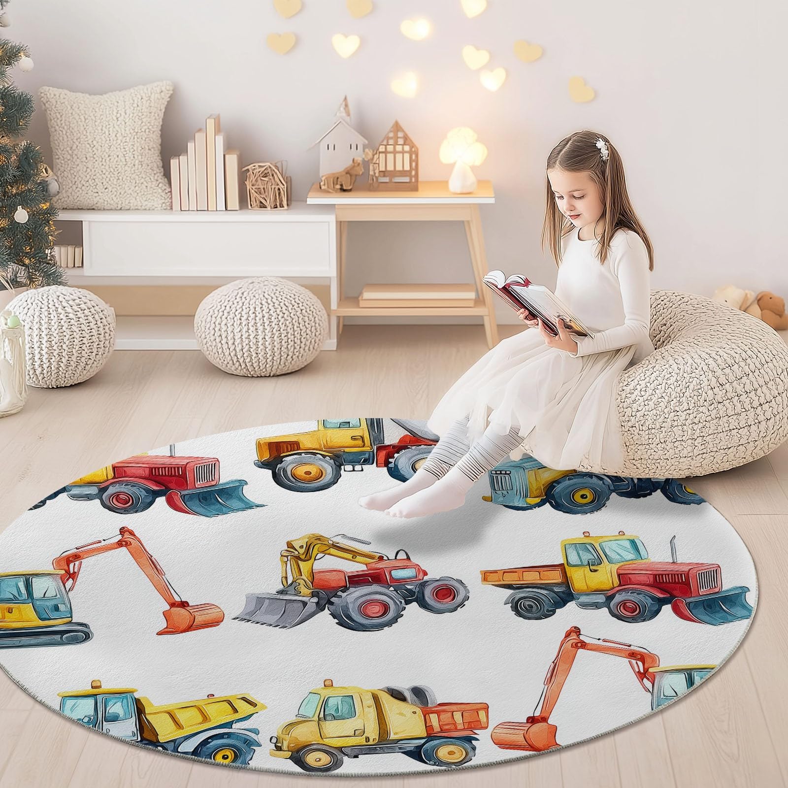 Generico Tappeto rotondo per soggiorno Modello Di Veicolo Da Costruzione, Stile Cartone Animato Tappeto morbido antiscivolo per sala da pranzo, camera da letto, cameretta bambini, 150 cm, Bianco