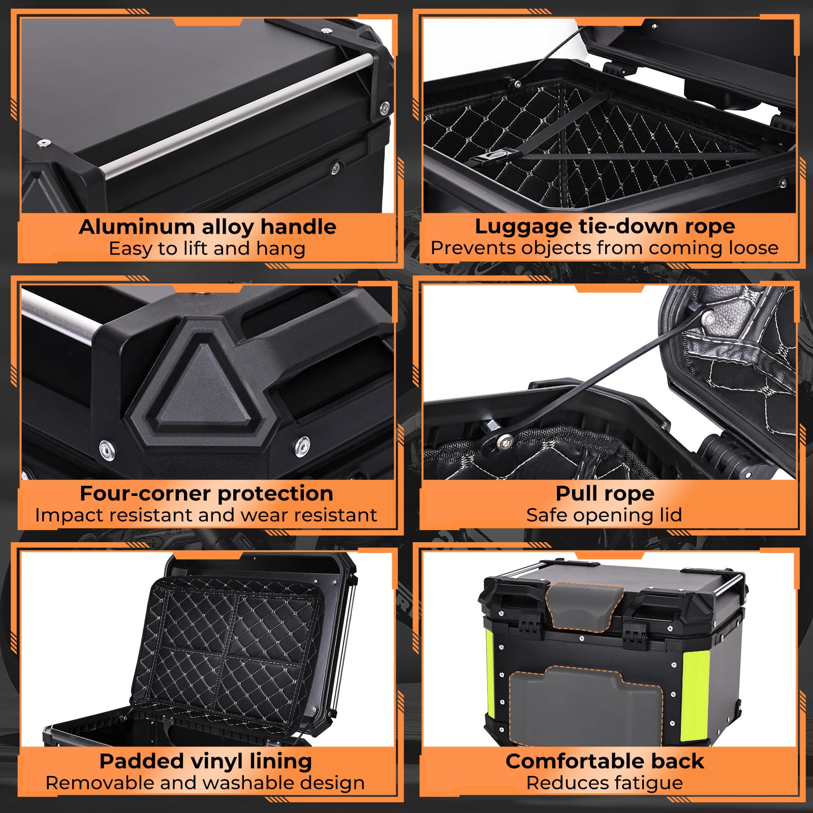Top Case Moto en Aluminium 55L, Coffre Arrière étanche Universel, Fermeture Rapide, Rembourrage Dorsal, Doublure Intérieure, Grand Coffre Arrière pour Moto de Tourisme - Noir