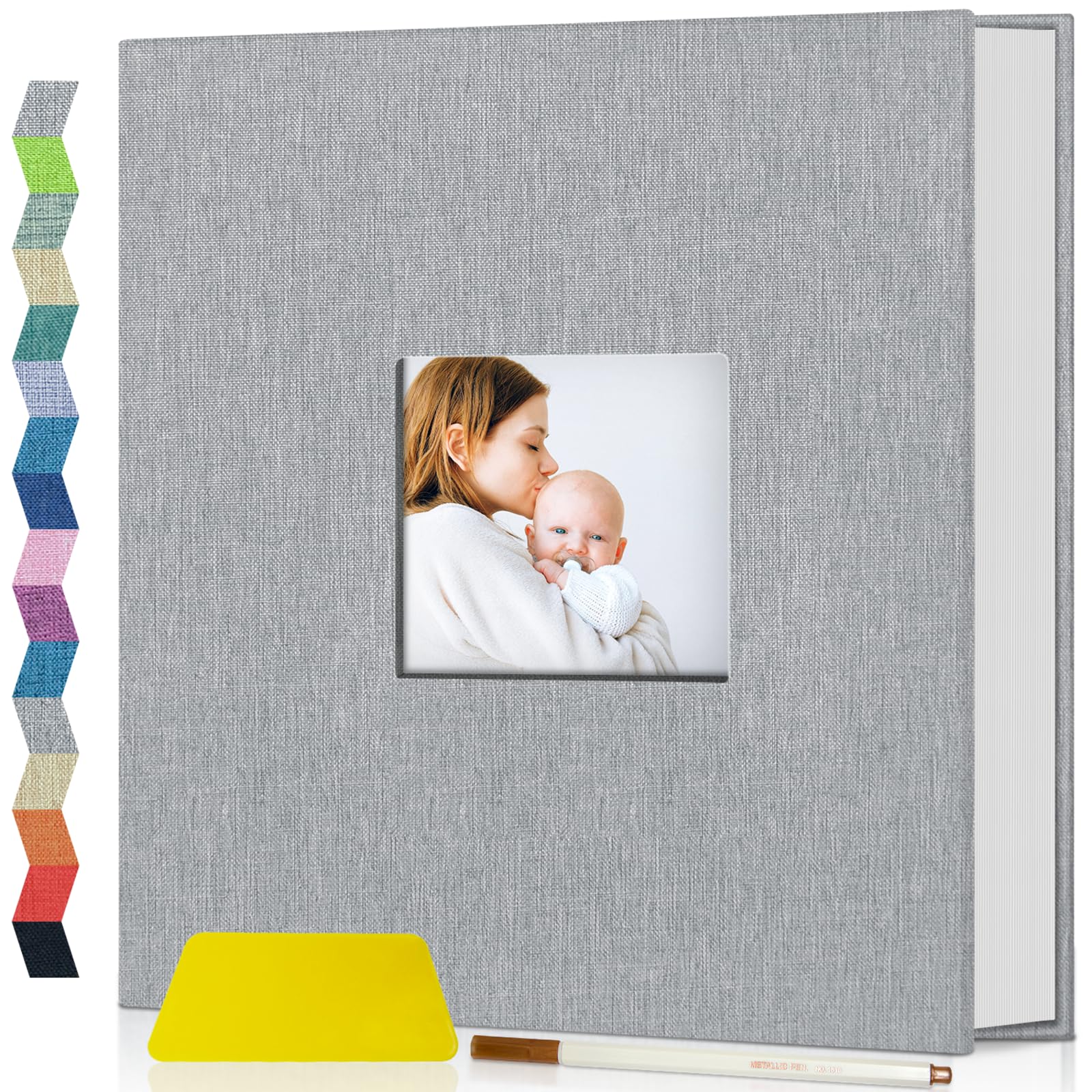 Popotop Self Adhesive Photo Album Scrapbook for 4x6 5x7 8x10 Pictures, 60 Pages Linen Hardcover DIY Memory Book, Scrapbooking Supplies Kits Birthday Gifts for Baby Wedding Family Travel Gray