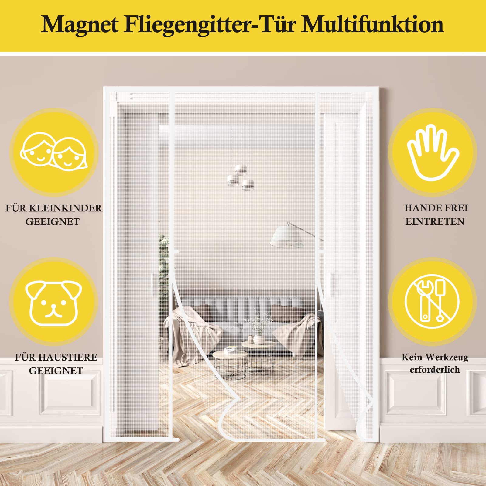 fowong Fliegengitter Balkontür Doppeltür Magnet 200x210cm, Weiß | Neues Nanogitter mit 10xReißfestigkeit bis zu 5 Jahre, Starke Magnete, Fliegengittertür für Terrassentür Geruchlos