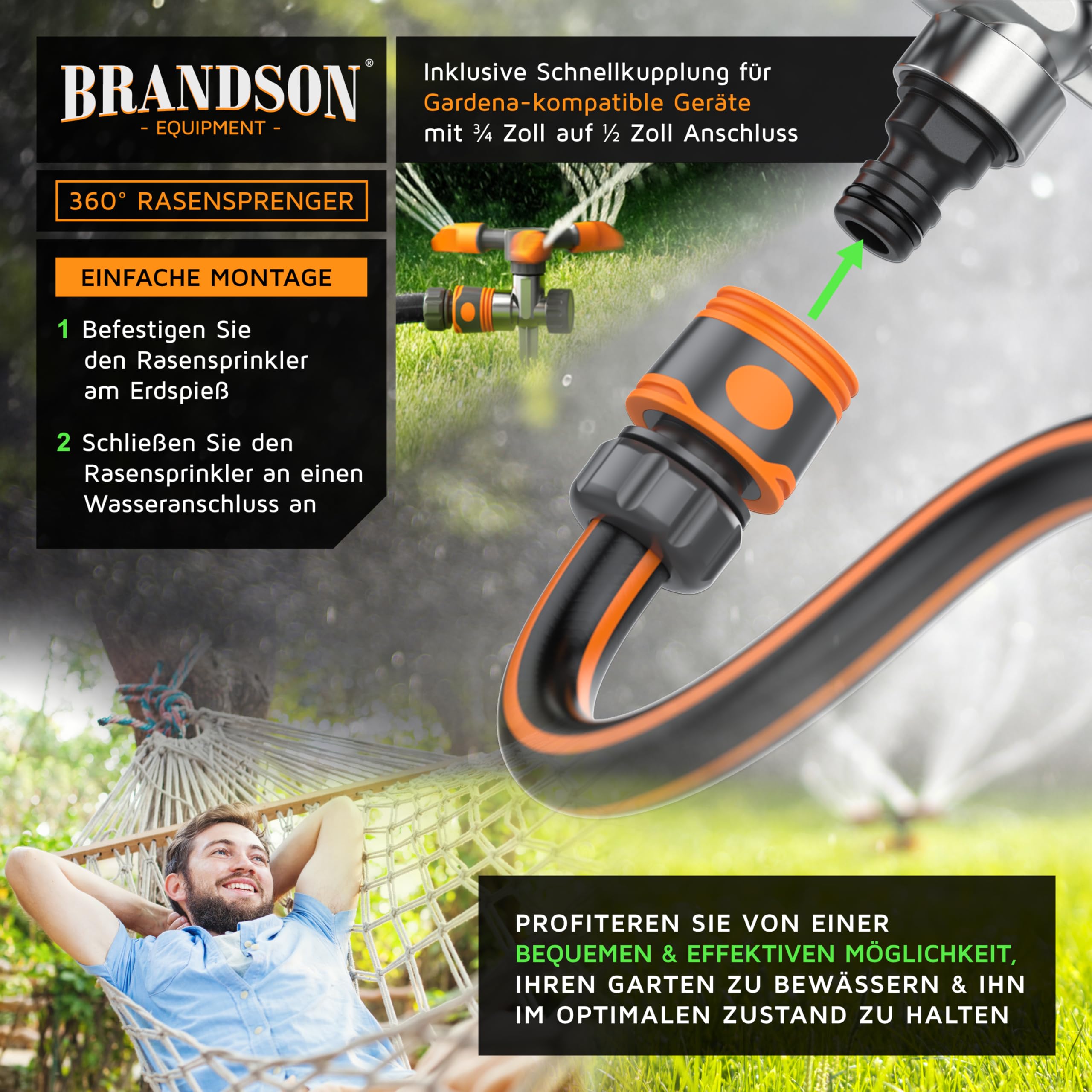 Brandson - 4 x Rasensprinkler 3 Fach mit Erdspieß – Rasensprenger 360 Grad - Flächenregner Sprühregner - Sprinkler mit 3 Arm – Einstellbarer Winkel 45° bis 90° - Reichweite bis zu 7m