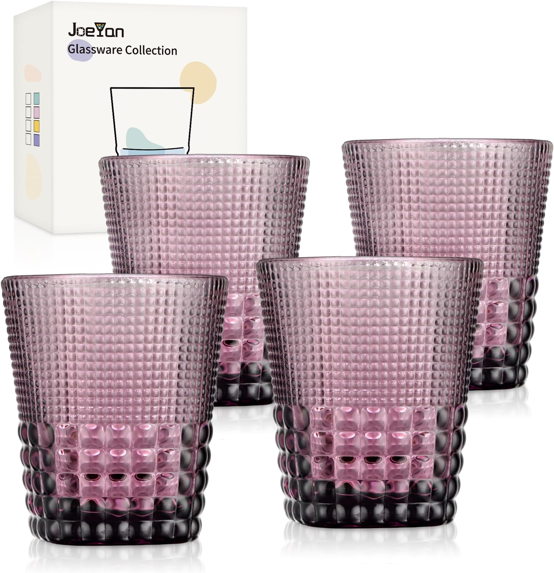 Joeyan 300ml Purple Glass Water Glasses with Diamond Texture, Set of 4 Glass Drinking Tumbler for Tea Water Juice Cocktail Beverages, Embossed Glassware Set for Home Party Restaurant