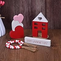 Ovootok 6-Piece Valentine's Day Tiered Tray Decor - Wooden Hearts, House, Happy Valentine's Day Block & Bead Garland in White, Pink, Red
