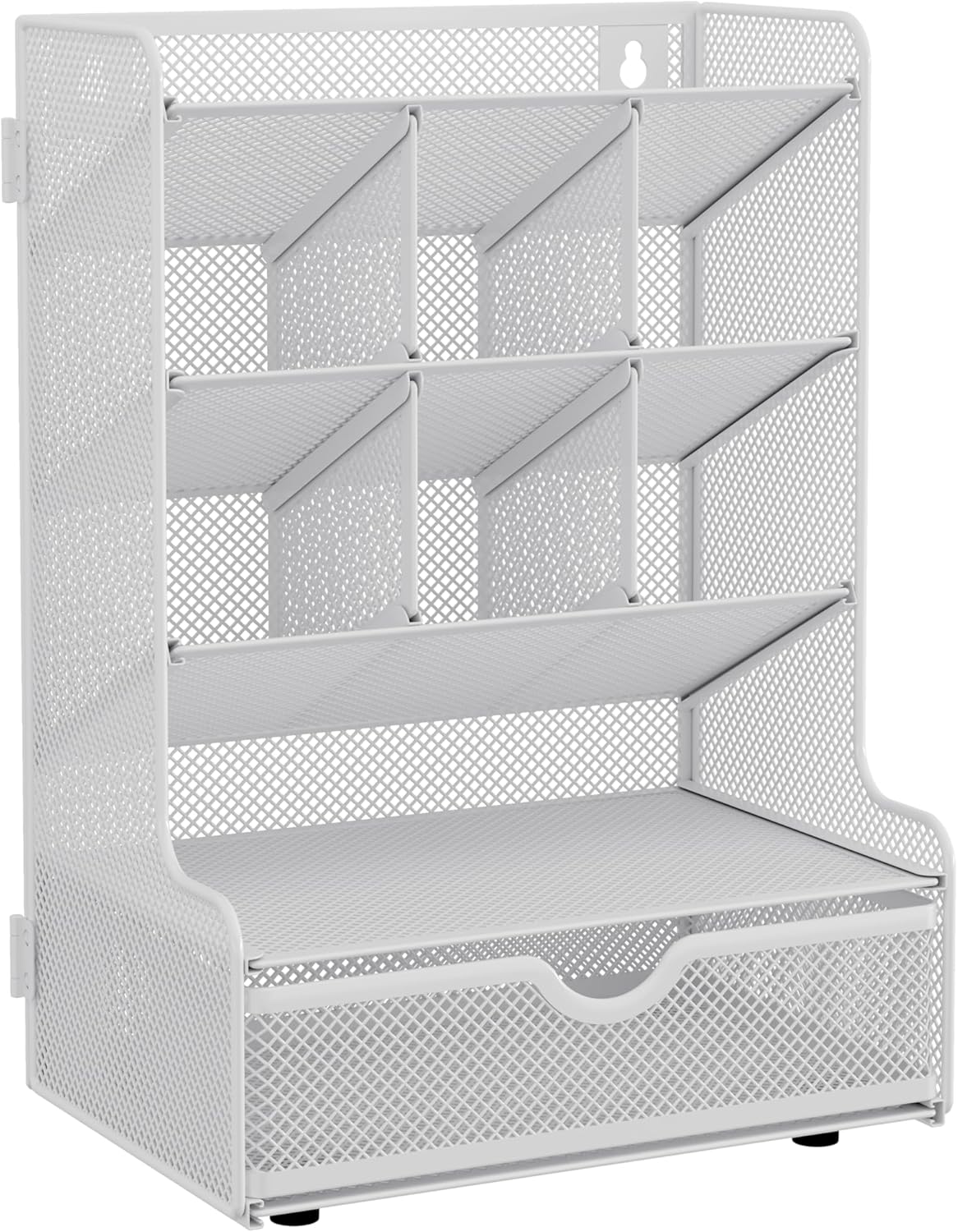 Mesh Pen Holder for Desk, Multi-Functional Pencil Holder with Drawer, Desktop Pen Organizer Easy Assembly, Wall Mount Metal Pen Storage for School, Home, Art Supplies, 9 Compartments, White