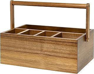 VaeFae Acacia Silverware Caddy with Handle, Wooden Utensil Holder, Mulip-pose Organizer for Kitchen, Office, Bathroom, Bedroom (Large, 5 compartments)