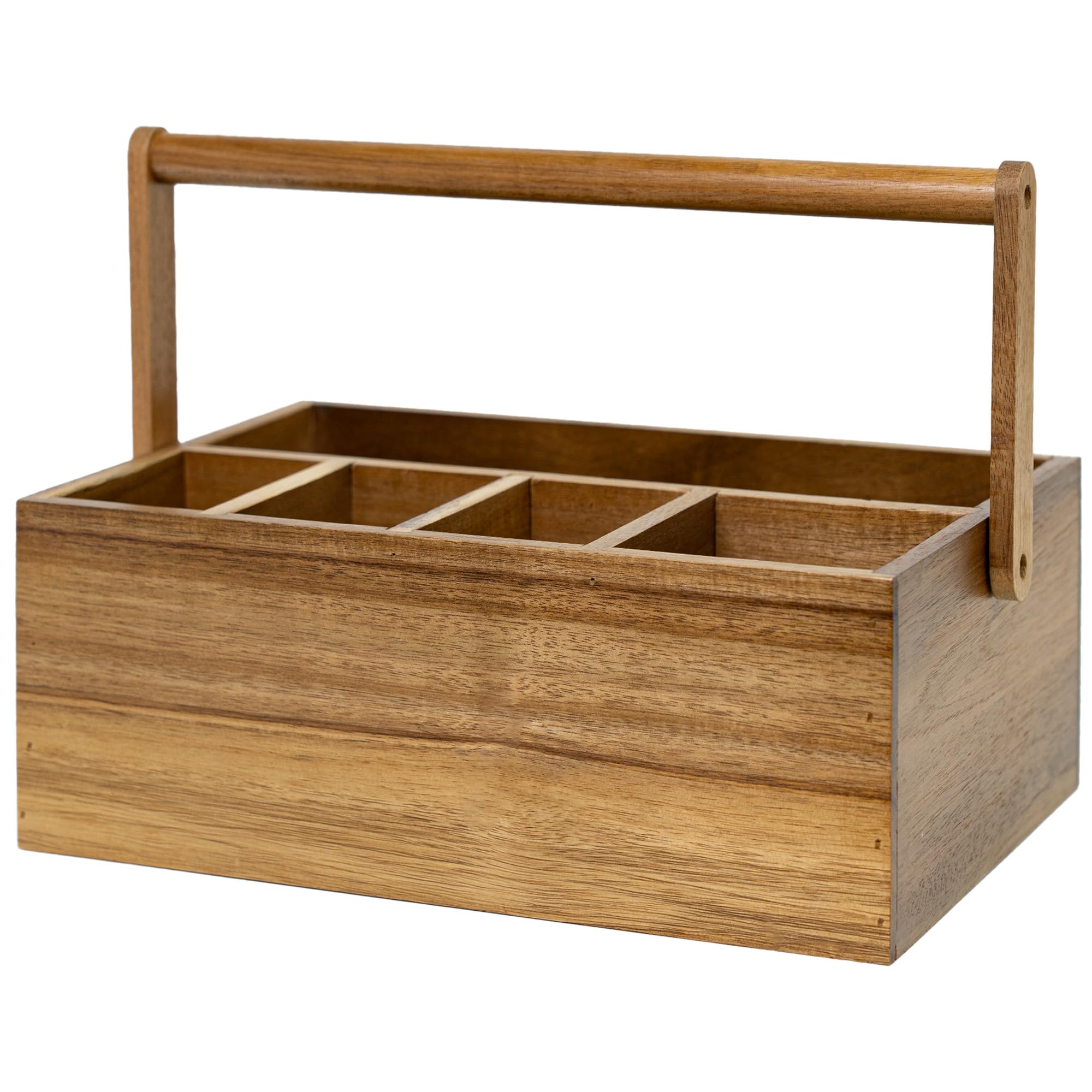 VaeFae Acacia Utensils Holder with Handle, Wooden Cutlery Caddy with 5 Storage Compartments, Utensil Organiser for Kitchen, Office, Bathroom, Bedroom