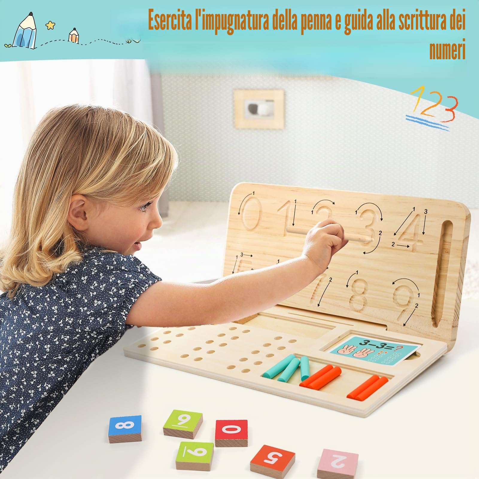 Wdmiya Giocattoli Educativi Montessori per Bambini 3 4 5 Anni, Giocattoli Matematici in Legno per Imparare a Contare, Doppia Faccia per Contare con Le Dita, Regalo di Natale per Bambino