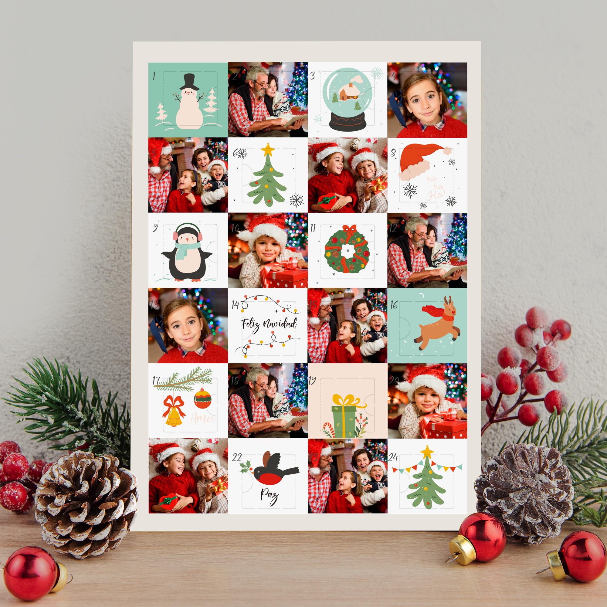 Calendario de Adviento Personalizado con Fotos, Relleno de Chocolate Sorpresa, Decoración Navideña