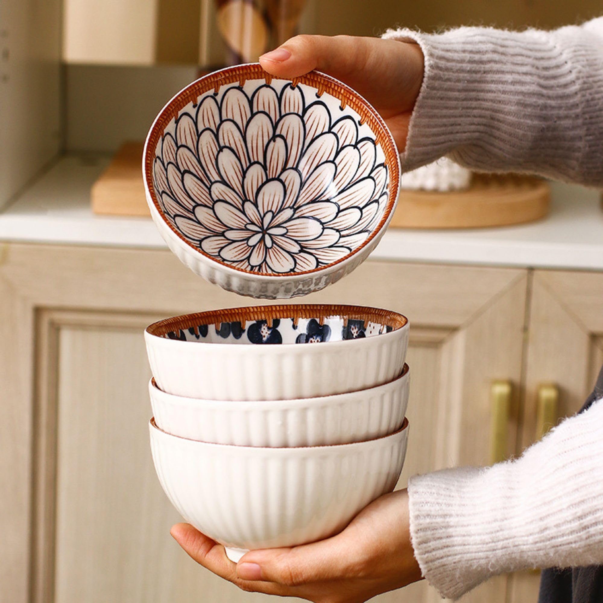 YANCI® Ceramic Japanese Style Rice Bowls with Gift Box Set, Microwave & Dishwasher Safe, BPA & Lead-Free Assorted Dinner Serving Bowls for Cereal, Soup, Dessert, Snacks, Rice, Fruit, Salad, Set of 6 2